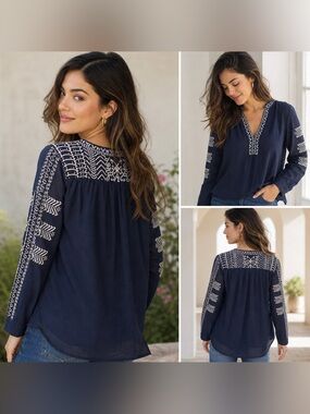 Addie Embroidered Boho Peasant Blouse Sz M Navy White Sheer Long Sleeve V Neck